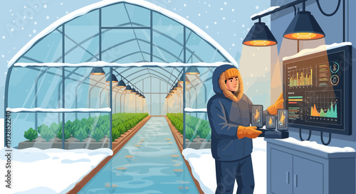 Farmer monitoring greenhouse technology in winter conditions.