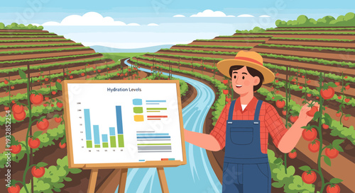 Farmer presenting agricultural data on a whiteboard.