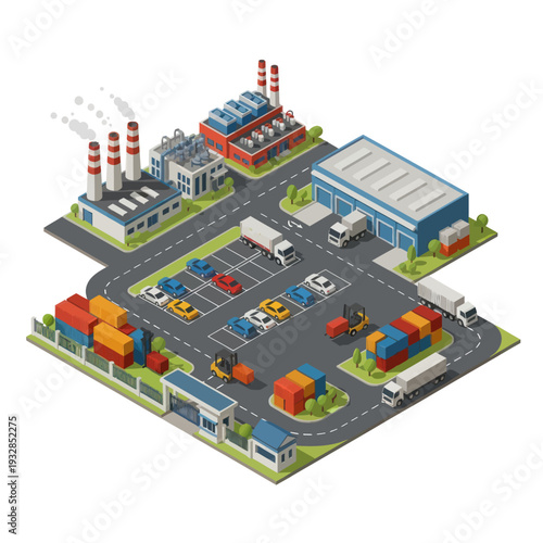 Industrial Factory Complex with Vehicles and Buildings.
