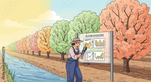 Farmer presenting data on a chart in an orchard.