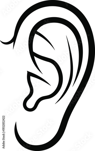 Minimalist black and white human ear vector illustration with clean line art for hearing health, audiology services, sound awareness, medical diagrams, and communication concepts.