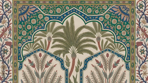 Traditional Mughal wedding invitation card design. Traditional Mughal garden arch, plant, peacock, illustration frame for Invitation.
