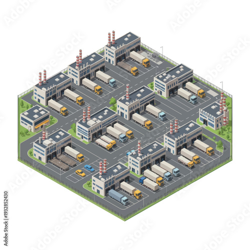 Industrial Factory Complex with Trucks and Buildings.