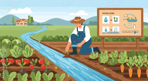 Farmer tending to irrigation system in a lush field.
