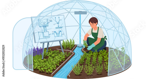 Gardener Tending Plants Inside a Geodesic Dome Greenhouse.