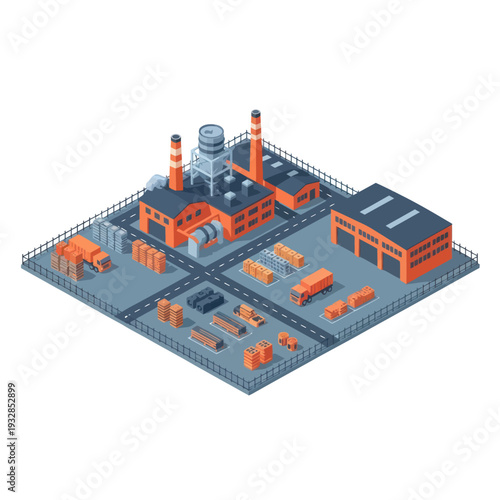 Isometric Factory Building with Industrial Equipment.