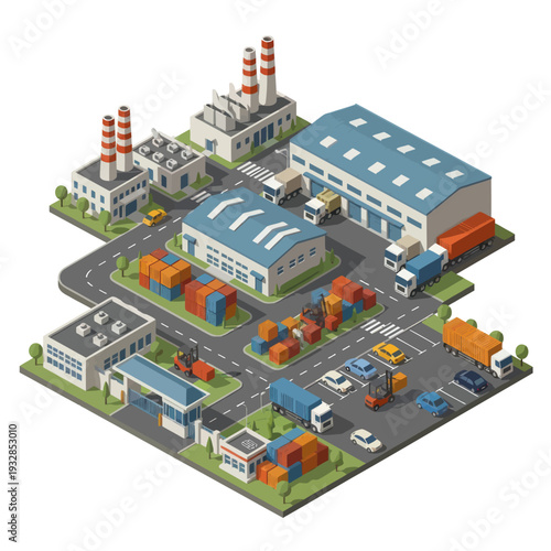3D Isometric Industrial Factory Complex with Buildings and Vehicles.