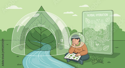 Person in protective suit studying plants in a dome.