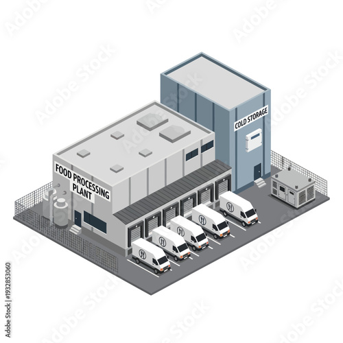 Food Processing Plant with Trucks and Buildings.