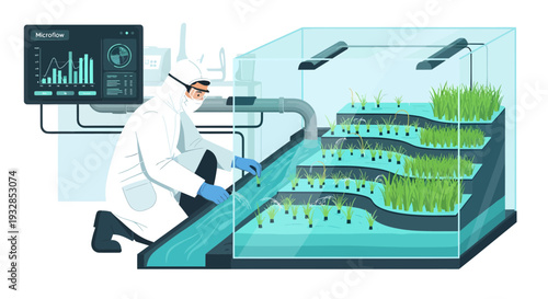 Scientist tending to advanced vertical farm system.
