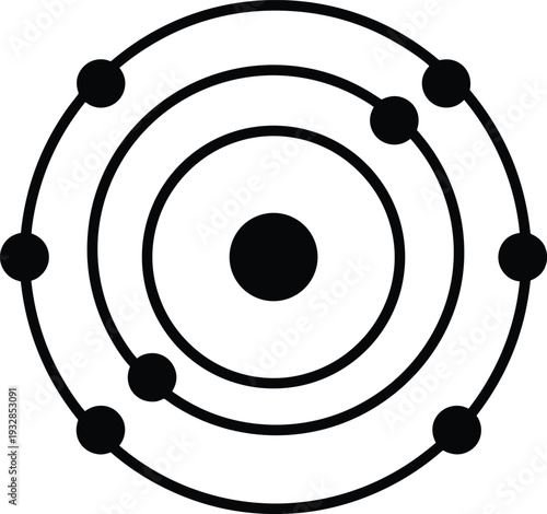 Minimalist black and white vector illustration of a Bohr model atom with central nucleus and orbiting electrons for science education physics and chemistry concepts.