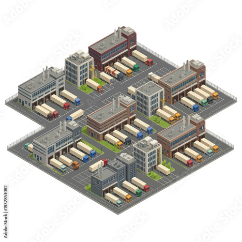 Industrial Factory Complex with Trucks and Buildings.