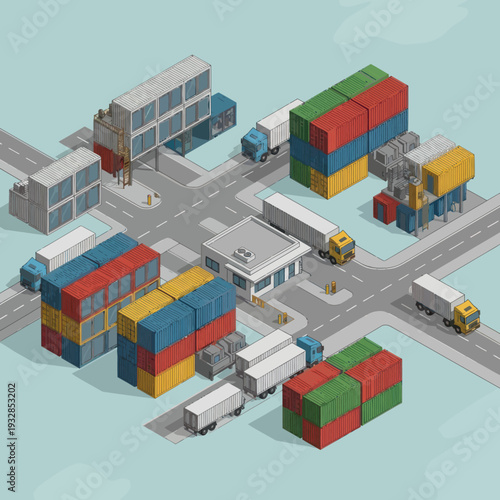 Isometric 3D Shipping Containers and Trucks.