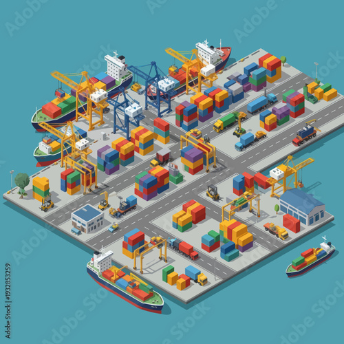 Isometric View of Busy Container Port.