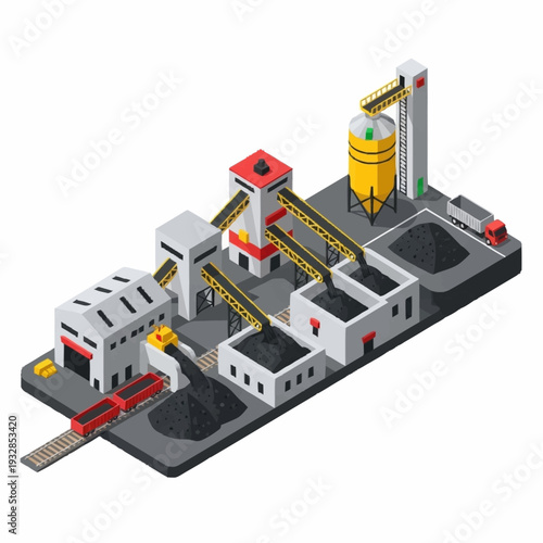 Isometric Coal Mine and Processing Plant Illustration.
