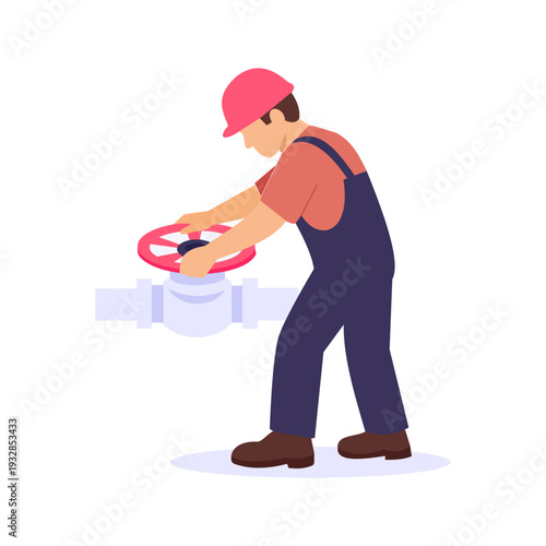 Opening Water Valve, Technician turning valve to release water flow, Flat vector character illustration