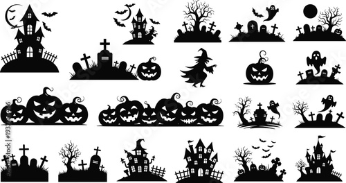 Halloween graveyard haunted house and pumpkin silhouette set for spooky holiday celebration and cad drawing flat vector illustration design background,