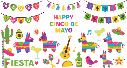 Happy Cinco De Mayo fiesta icon set, cad drawing flat vector illustration, Mexican holiday celebration with piñata maracas taco and bunting.