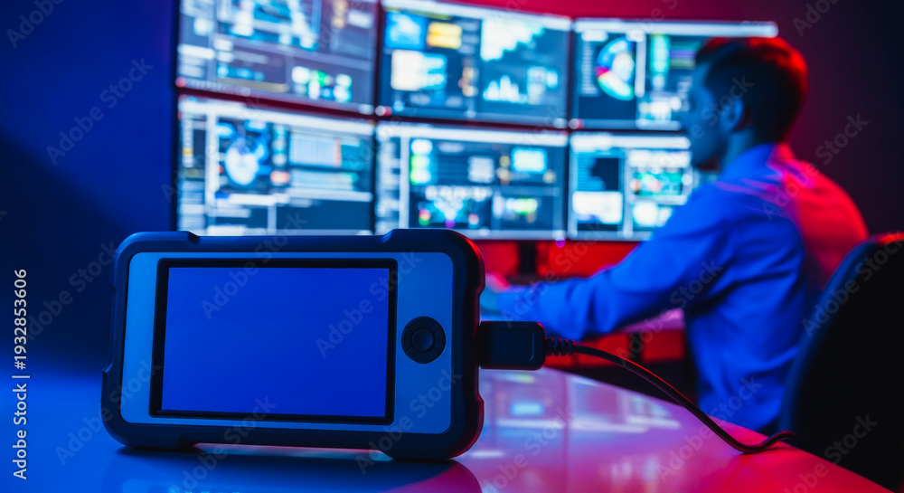 Fototapeta premium Portable diagnostic device with a blank blue screen on a table, in a blurred background a man monitors multiple data displays in a control room.