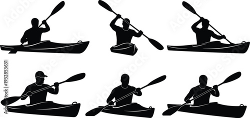 Set of Professional Kayaking Silhouettes, Vector Illustration of Men Paddling Kayaks in Various Poses, Outdoor Water Sports Activity, Cad Drawing Flat Vector Illustration