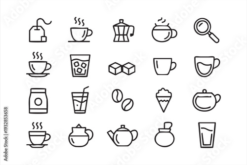 Hot Drink and Coffee Shop Line Icons Collection in Vector Style