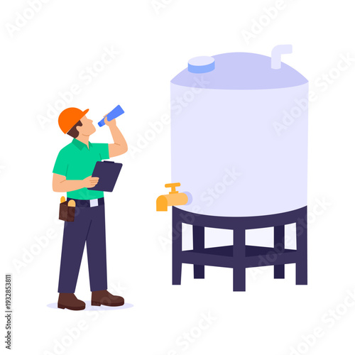 Checking Water Storage, Inspecting storage tanks for clean water supply, Flat vector character illustration
