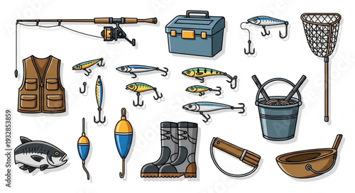 Fishing gear collection illustration, various equipment for angling and catching fish.