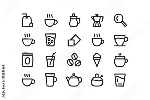 Cafe Beverage Outline Symbols Featuring Cups Beans and Teapot