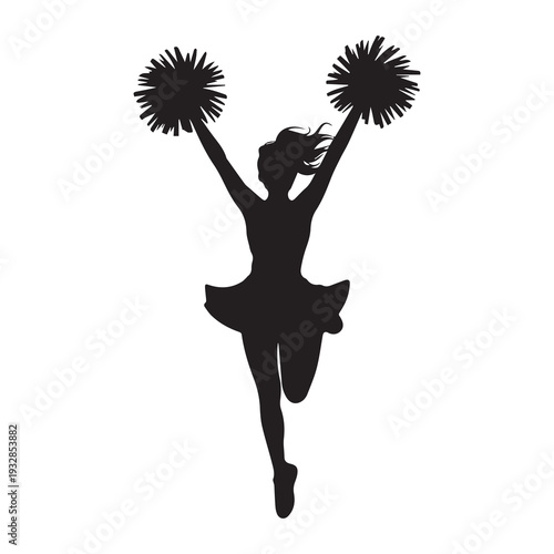 Silhouette of a cheerleader jumping with pompoms raised in a dynamic pose isolated on a clean white background capturing energy and enthusiasm