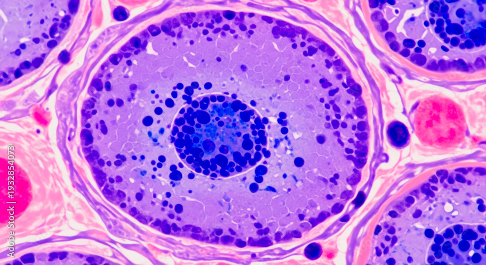 Fototapeta premium High magnification microscopic image of a mammalian oocyte with distinct cellular structures and nuclei, stained in purple and pink for biological study.