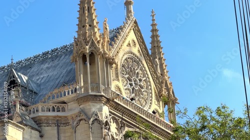 Restored south transept and the new lead roofing of Notre-Dame de Paris cathedral, following its official reopening in Paris, France