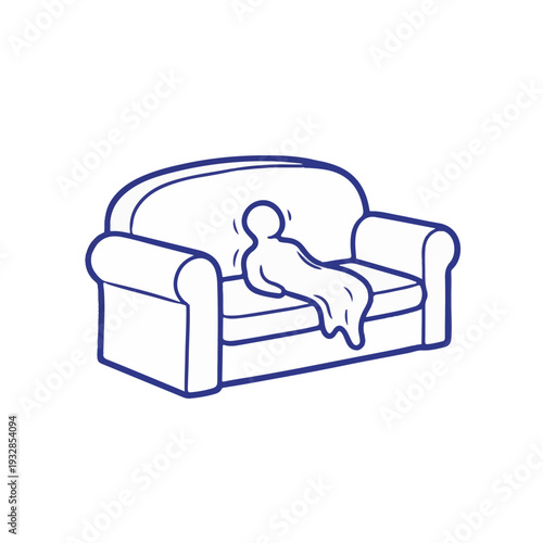 Outline illustration of a person sinking into a sofa for comfort seeking and lazy weekends during Christmas break