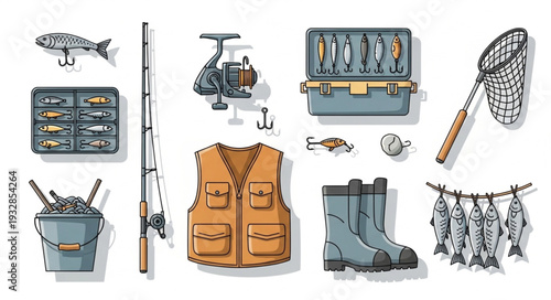 Fishing gear assortment - tackle box, rod, reel, vest, boots, net, and fish.