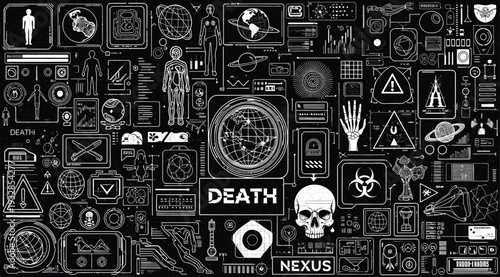 A black and white illustration collage featuring various occult and mystical symbols, including a skull, eye, and geometric shapes, with words like death and nexus