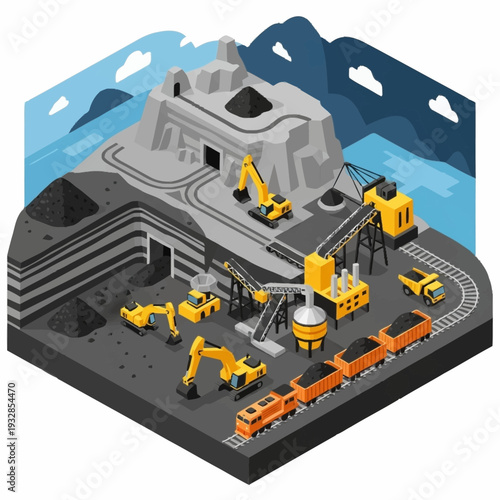 Isometric Coal Mining Operation with Heavy Machinery and Train.