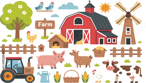 Flat Farm Life Vector Collection Featuring Red Barn, Windmill, Tractor and Domestic Animals