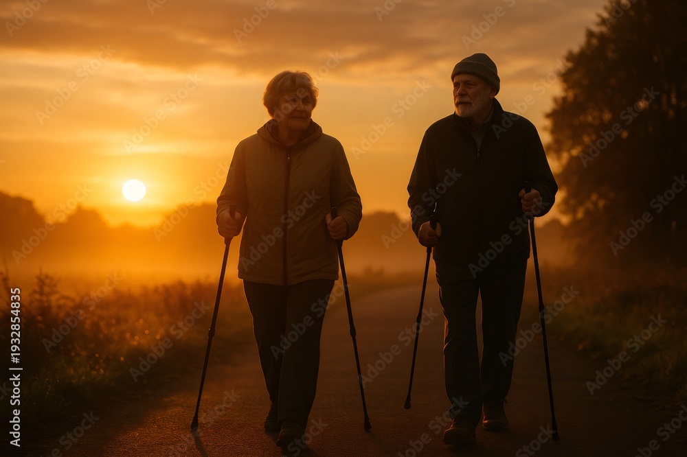 Obraz premium Senior couple walking along a scenic rural path during a beautiful sunrise, engaging in a healthy and active lifestyle together, promoting well being in old age