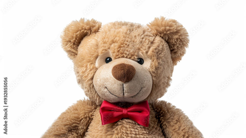 Obraz premium Lovable brown teddy bear plush toy with a red bowtie isolated on white, perfect for childhood gift and family lifestyle.