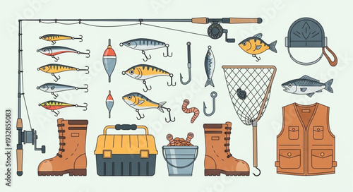 Fishing gear illustration featuring rods, tackle, boots, and accessories for angling activities.