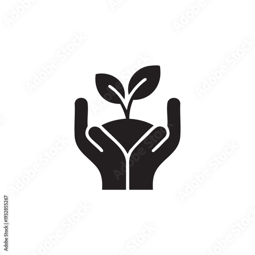 A pair of hands cradling a small plant with two leaves, symbolizing care and nurturing in a simple illustration style from a straightforward viewpoint.