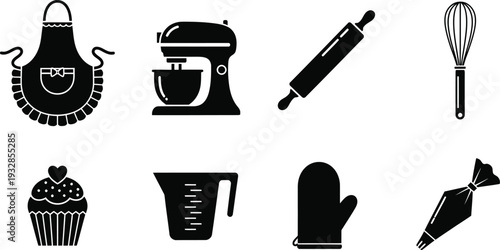 Icon bundle for kitchen and baking essentials apron mixer pen fork muffin measuring cup oven mitt and pastry brush