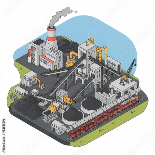 Isometric Coal Power Plant and Mining Operation Illustration.