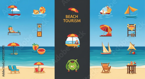 Beach tourism illustration featuring various elements of relaxation and enjoyment.