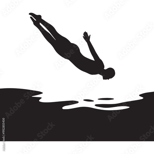 Silhouette of a diver jumping into water dynamic motion and splash contrasting black figure against white background minimalistic design