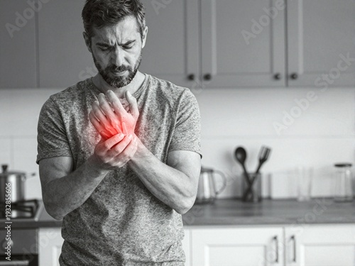 Mature Man Holding Painful Wrist in Kitchen, Monochrome Medical Concept with Red Glow