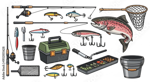 Fishing gear illustration featuring rods, lures, tackle box, and a fish.