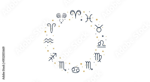 Zodiac wheel illustration featuring astrological signs and celestial symbols in a circle.
