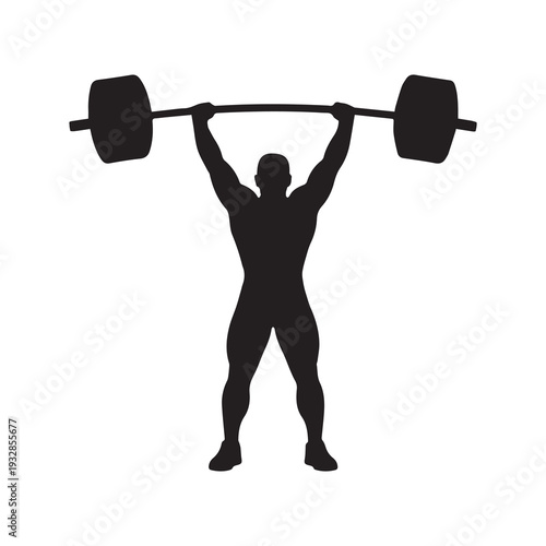 Silhouette of a muscular man lifting a barbell overhead in a clean and press exercise isolated on white background