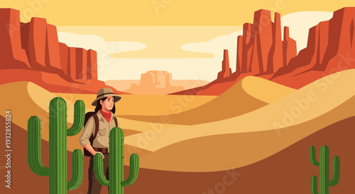 Adventurous woman explorer in desert landscape with cacti.