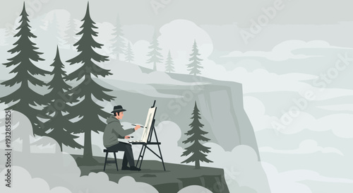 Artist painting landscape on cliff edge.